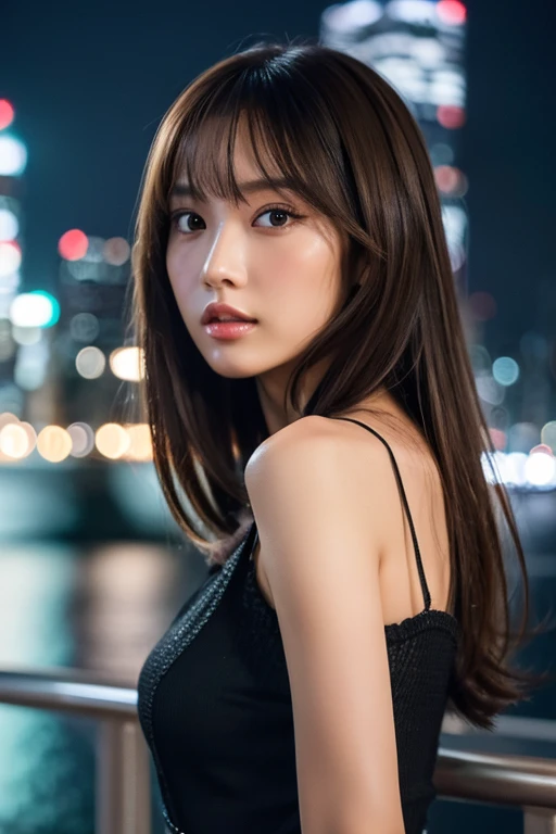 (Best quality, 8k, 32k, Masterpiece, UHD,:1.2), Japanese woman, camisole , ultra-detailed face, detailed eyes, highly detailed lips ,dark brown hair, slender figure, upper body, nightcity