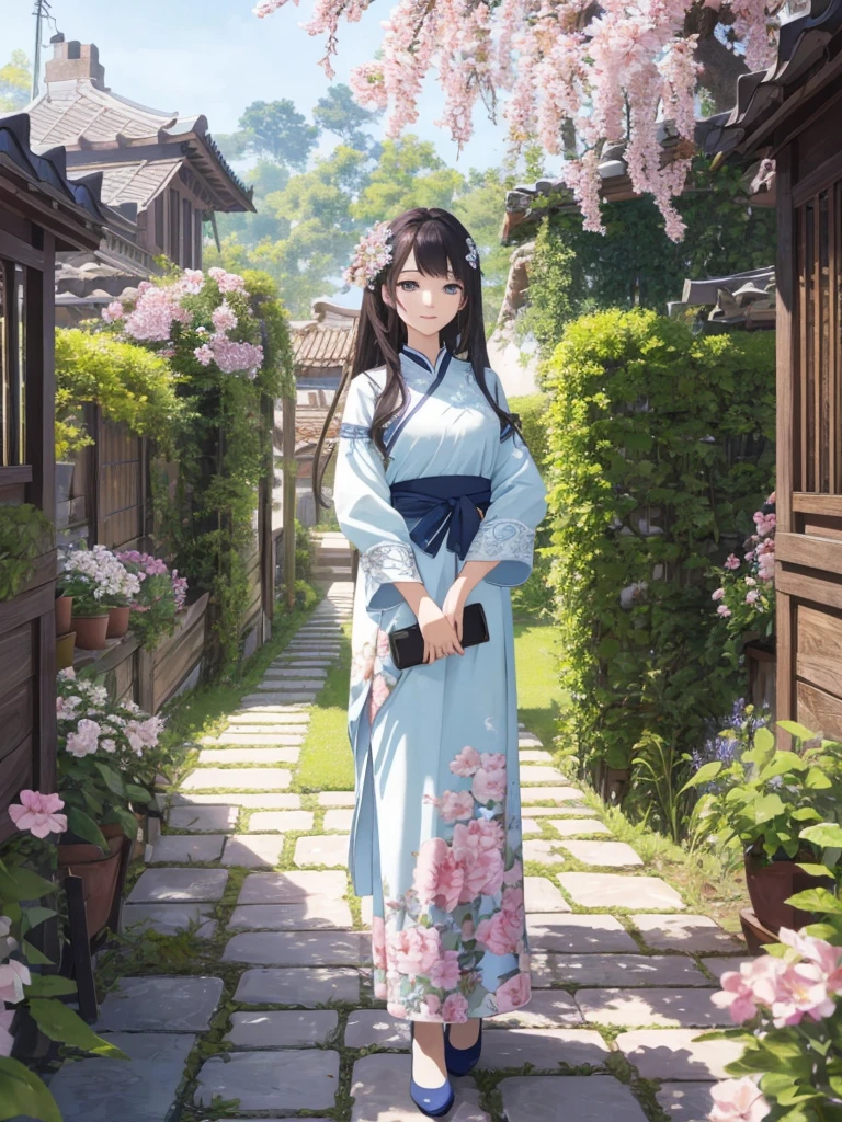 top-quality、4k wallpaper、masterpiece、Highly Detailed CG Unity 8K Wallpaper Highly Detailed Eyes、ultra-detailliert、intricate-detail、、1girl in、looking at the viewers、outside of house、garden、background under flowers、
