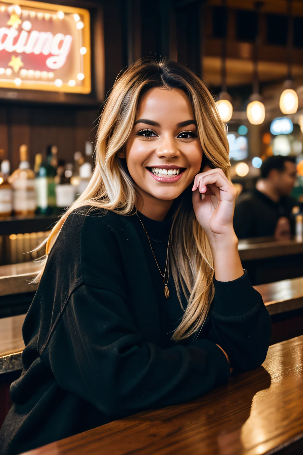 photo of a beautiful blonde female named Aria Summers, she has a thin face, oversized ((black)) sweater, laughing hysterically at a bar on a Saturday night in new york city, people in the background, detailed hands