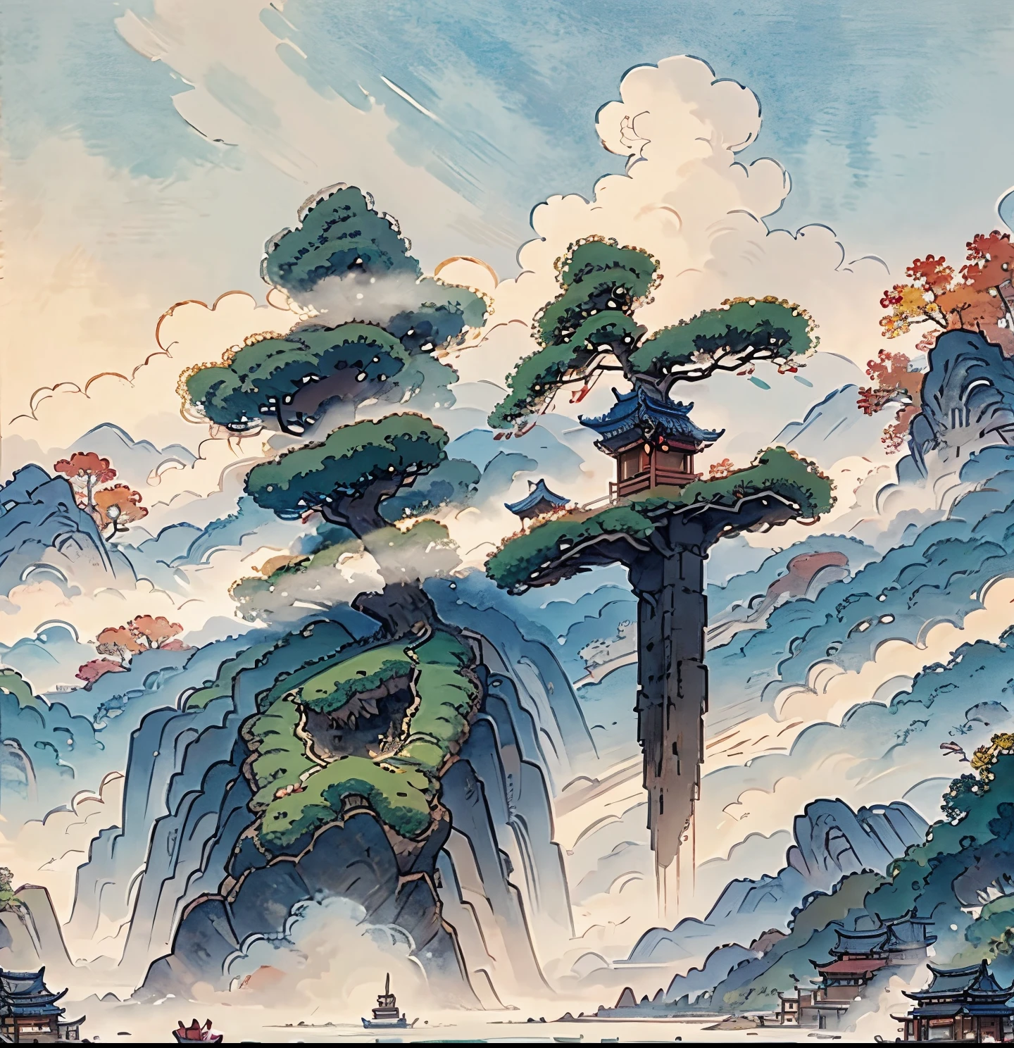 (Depth of field effect)  (Ancient Chinese buildings on an isolated island),  (pylons,  buliding)  (kiosk,  Miscellaneous trees,  ​​clouds,  green trees,  maple trees,  red trees,  Small stones,  kotori),  chinese watercolor style,  (chinese painting style),  chinse landscape,  traditional Chinese watercolor painting,  chinese paintings,  Watercolor 8K,  (rethink),  The boundaries between light and shadow are clear,  light and shadows,  light and shadow effect,  tmasterpiece,  super detailing,  Epic work,  hyper HD,  high qulity,  The  very detailed,  offcial art,  Unity8k wallpapers,  super detailing，lightand shade contrast.