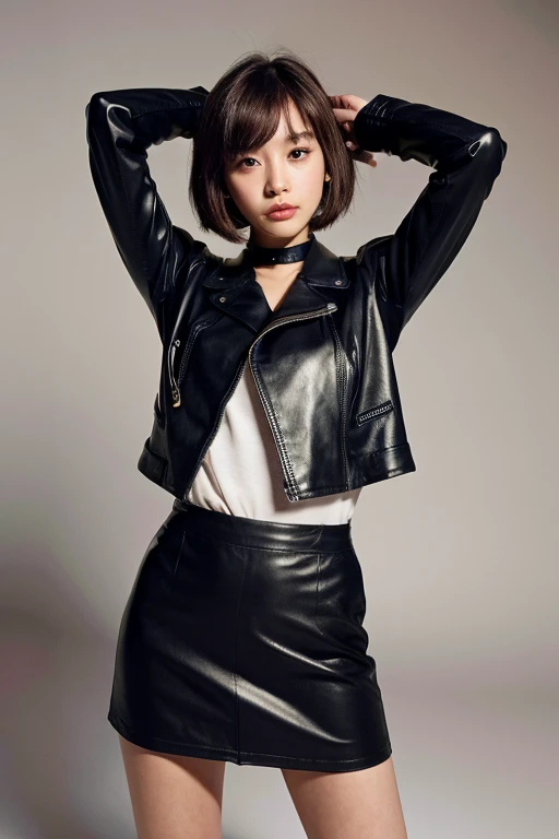 Beautiful girl leather skirt leather boots bobbed bangs big eyebrows short bob butt erotic shaved bob seaweed cut long boots black light blue pink enamel Short Bowl cut