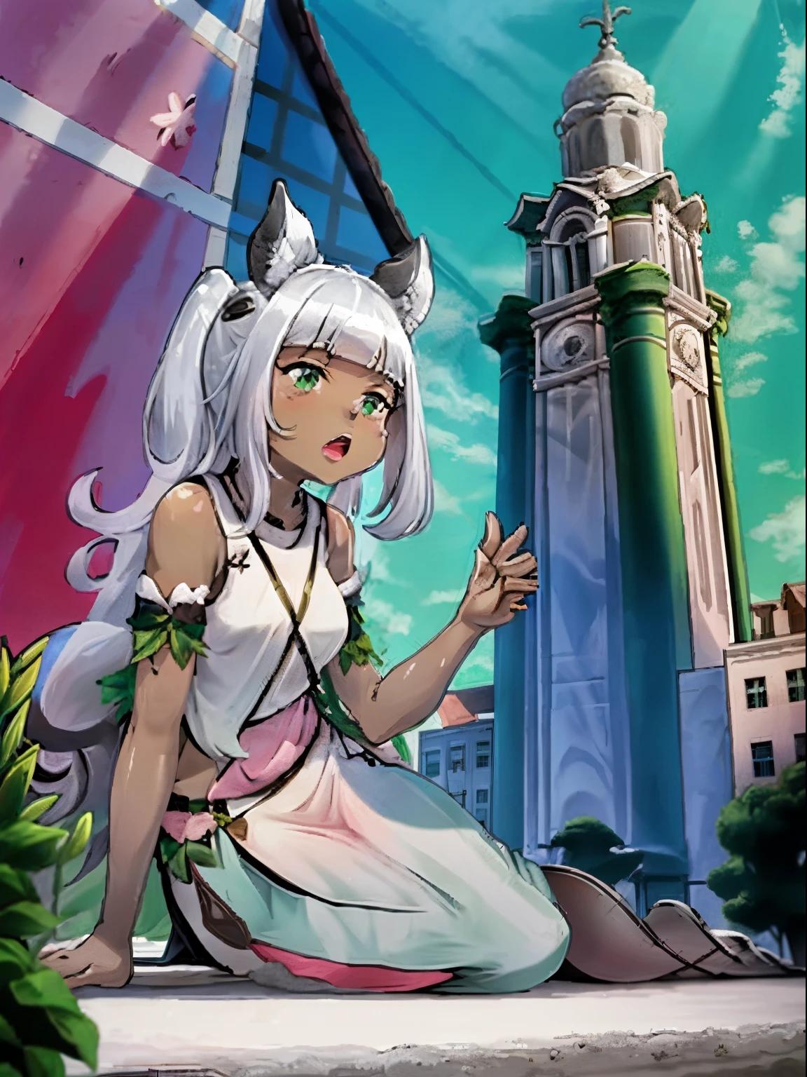 Ochette, 1girl, dark skin, white hair, crowded city, green eyes, giantess, massive, tall, cute, full body picture, buildings, gao, larger than buildings, best quality, pink clothing, buildings nearby, between buildings, taller than skyscrapers, flat ground, sitting, ground visible, loose long black pants, adorable, kind, gentle, empty hands, small build, slim, 100 ft tall