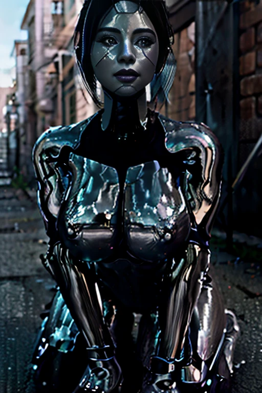 Android woman, silver skin, topless, medium breasts, exposed, bondage wear, robot, streetwalker, call girl, in an alley, High definition, high quality, realism, realistic, On her knees, looking up, fellatio gesture