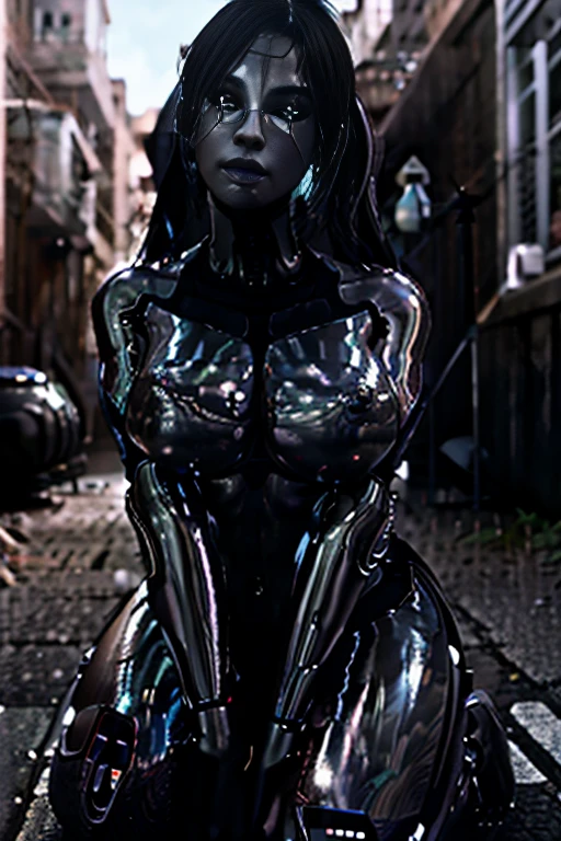 Android woman, silver skin, topless, medium breasts, exposed, bondage wear, robot, streetwalker, call girl, in an alley, High definition, high quality, realism, realistic, On her knees, looking up, fellatio gesture