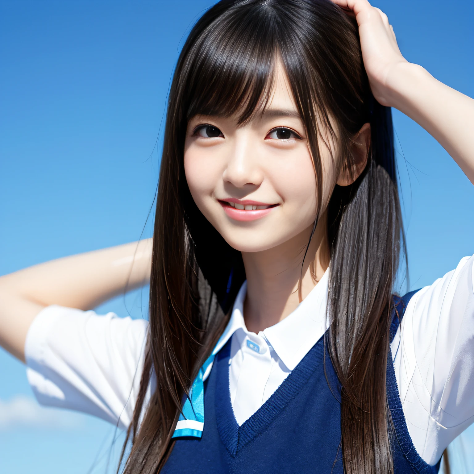 Slender schoolgirl、cute smile face、Close-up composition of the face、Blue Sky Background