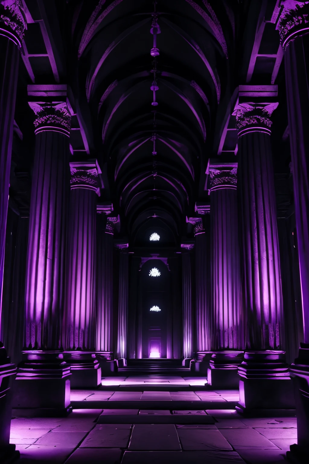 ancient temple, Dark background, with purple magic glow. Stunningly beautiful columns and structures, black, silver and purple colors in the overall scheme, higly detailed. more freedom in the picture, Cinematic lighting, beautiody