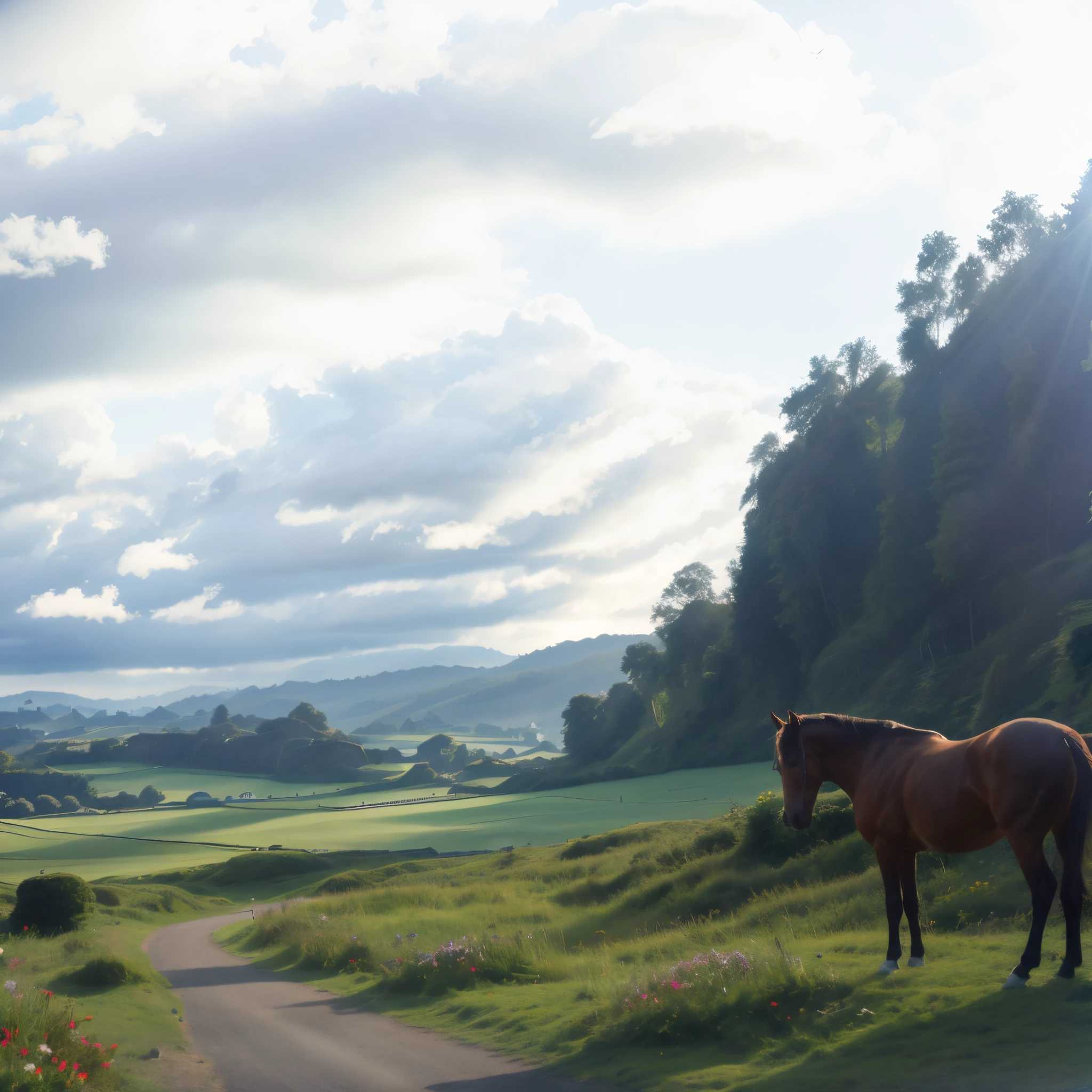 A white horse standing on a green pasture，Beautiful sea of flowers, with the sun shining on it, There are some fairytale villages of wooden houses behind it, No clouds, morningglow, Romantic: dramatic scenery, new terrain, land artist, the snapshot aesthetic