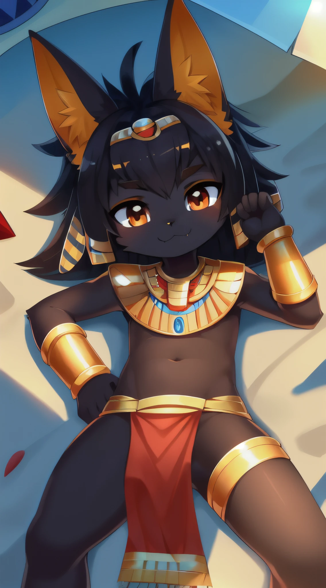 Furry shota, young, jackal, black spiky hair, orange eyes, detailed body fur, ((egyptian chest plate, gold bracelets, red jewel, small loincloth)), masterpiece, looking at you, fangs, black body fur, detailed face, big eyebrows, detailed eyes, detailed body, beach, clear sky, detailed hands, flat body, glistering body, shiny body, high quality, feets whit three toes, full body, sassy face, :3, perfect lighting, perfect shadows, perfect eyes, perfect hair, perfect face, gorgeous body, perfect lighting, perfect shadows, perfect eyes, perfect hair, perfect face, gorgeous body, lying down,