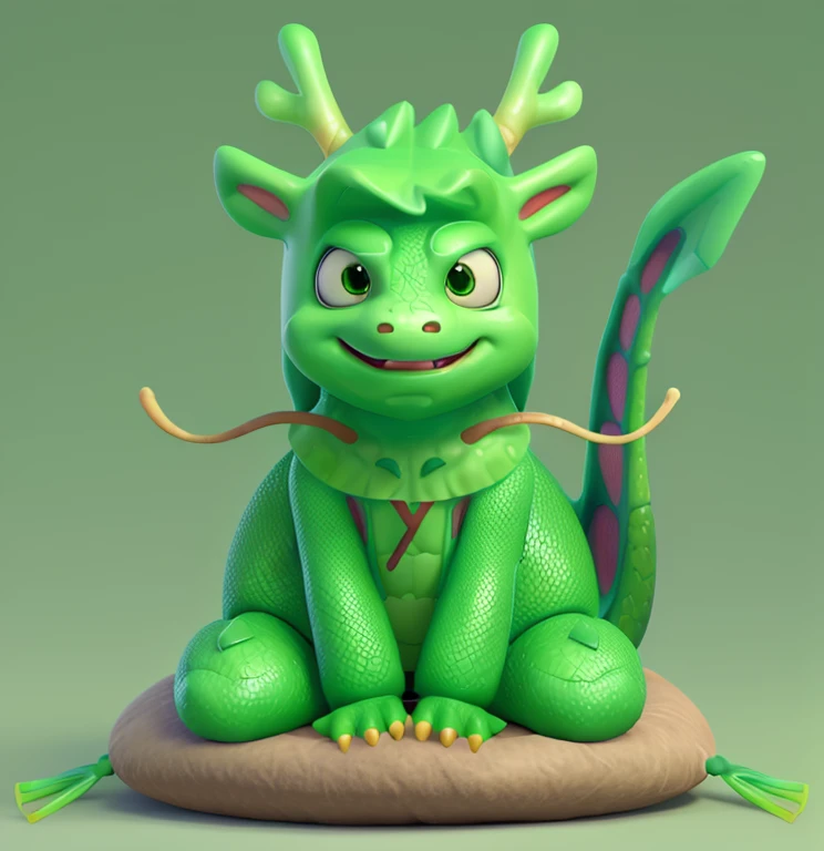 Green dragon sitting on a cushion、simple background、facing the front there、a smile