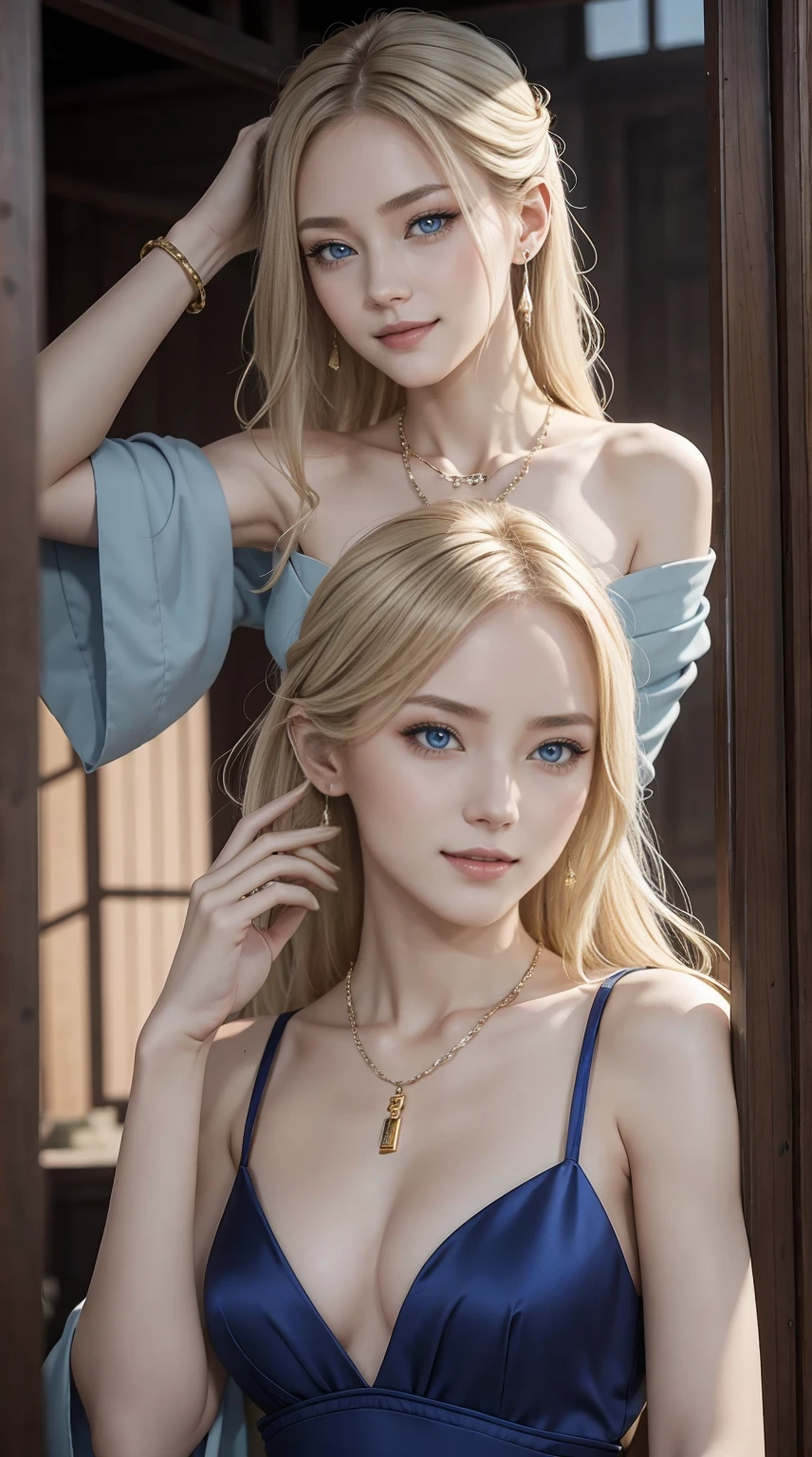 25-year-old Caucasian woman、ash blonde、blue eyess、Semi-long、setting hair、I'm tying my hair、My hair is wavy、Slender but thin macho、accessories on the wrist、wearing a chain necklace、Beautiful breasts、a smile、I need space above my head、Wearing Chinese red traditional costume、Wearing high heels、Glittering background