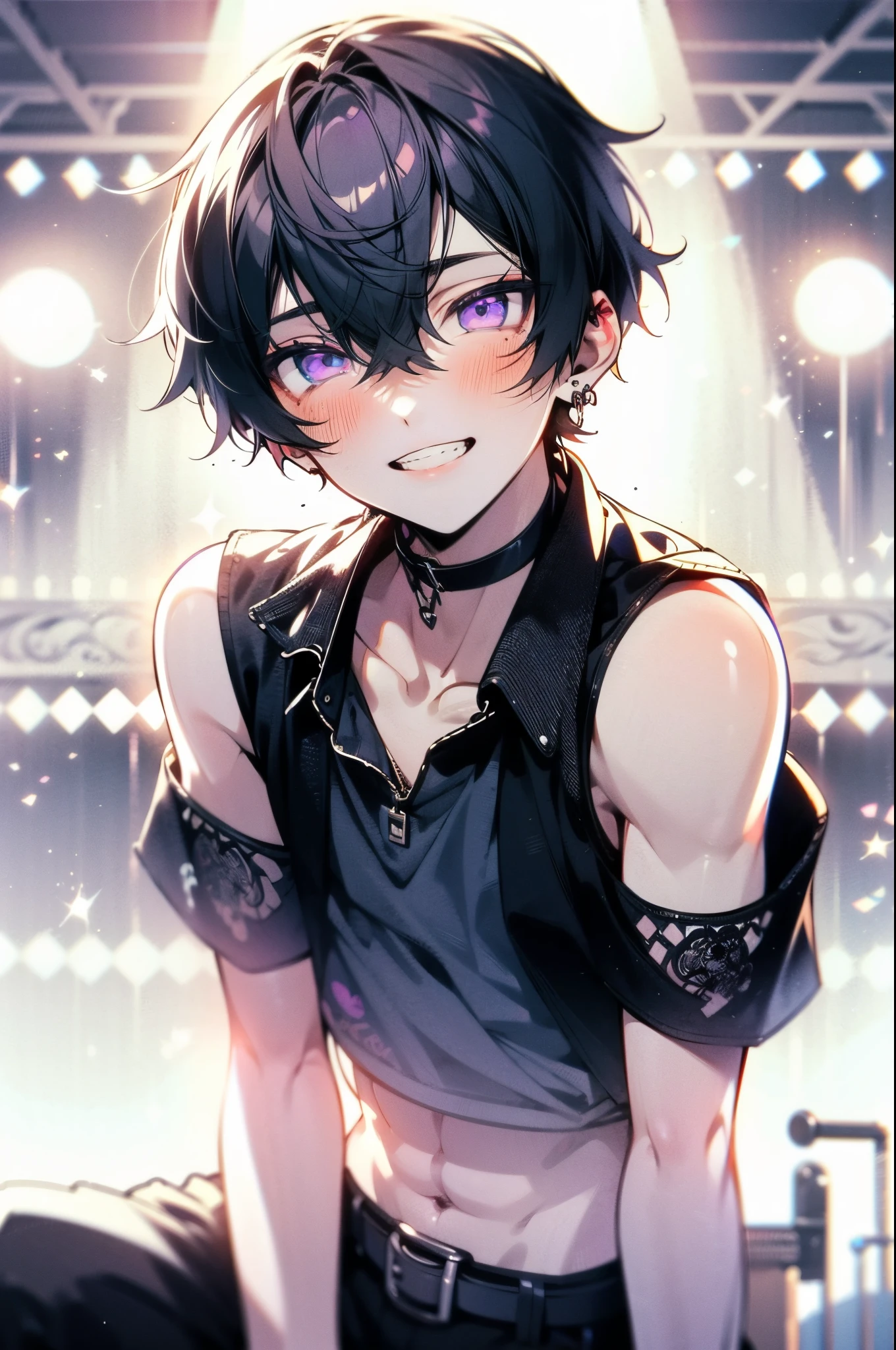 Rin々eyebrows very、a cool、a handsome、manly、Beautiful young man, Black hair, Short hair, Purple eyes, slit-eyes, black soft rock outfit, Naughty smile, croptop, Abs, Biceps, Healthy body, Fan Service, Background stage, Idol, High quality, Pixiv style illustration, Dense and delicate line drawing, And soft, Pale colors, pay attention to the characters'facial expression and posture,