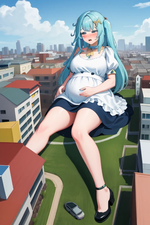 Giant maiden，Moe two-dimensional style，Pregnancy status，Round belly，Gaze at the bustling city, Lying down