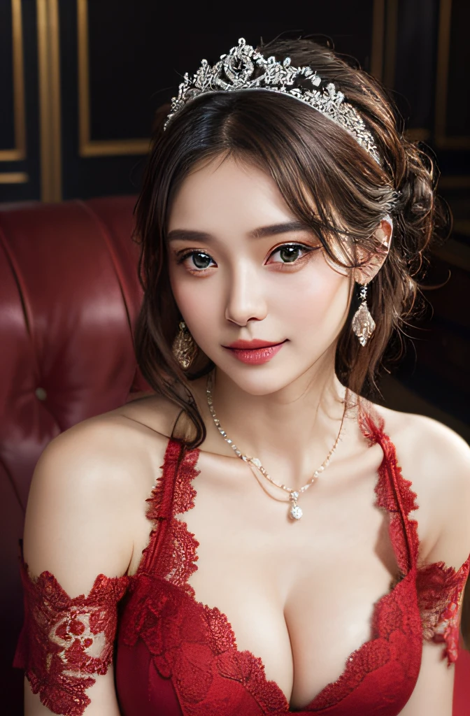 (1girl), Updo hairstyle, Princess, Extremely cute face, Amazing face and eyes, (Highly detailed eyes, Highly detailed face), fresh, Very clean appearance, (Hyper-realistic, hight resolution), (Best Quality:1.4), (hyper quality), Authentic skin texture, Raw photo, (Realistic, Photorealsitic:1.37), highly detailed, Professional Photography, (beautiful lace red dress:1.5), (lace red dress with open front), (cleavage:1.2), (Bare shoulders), Smile slightly, (Staring at me), luxurious tiara, luxury accessories, necklaces and earrings, (luxury living room:1.3), girl portrait,