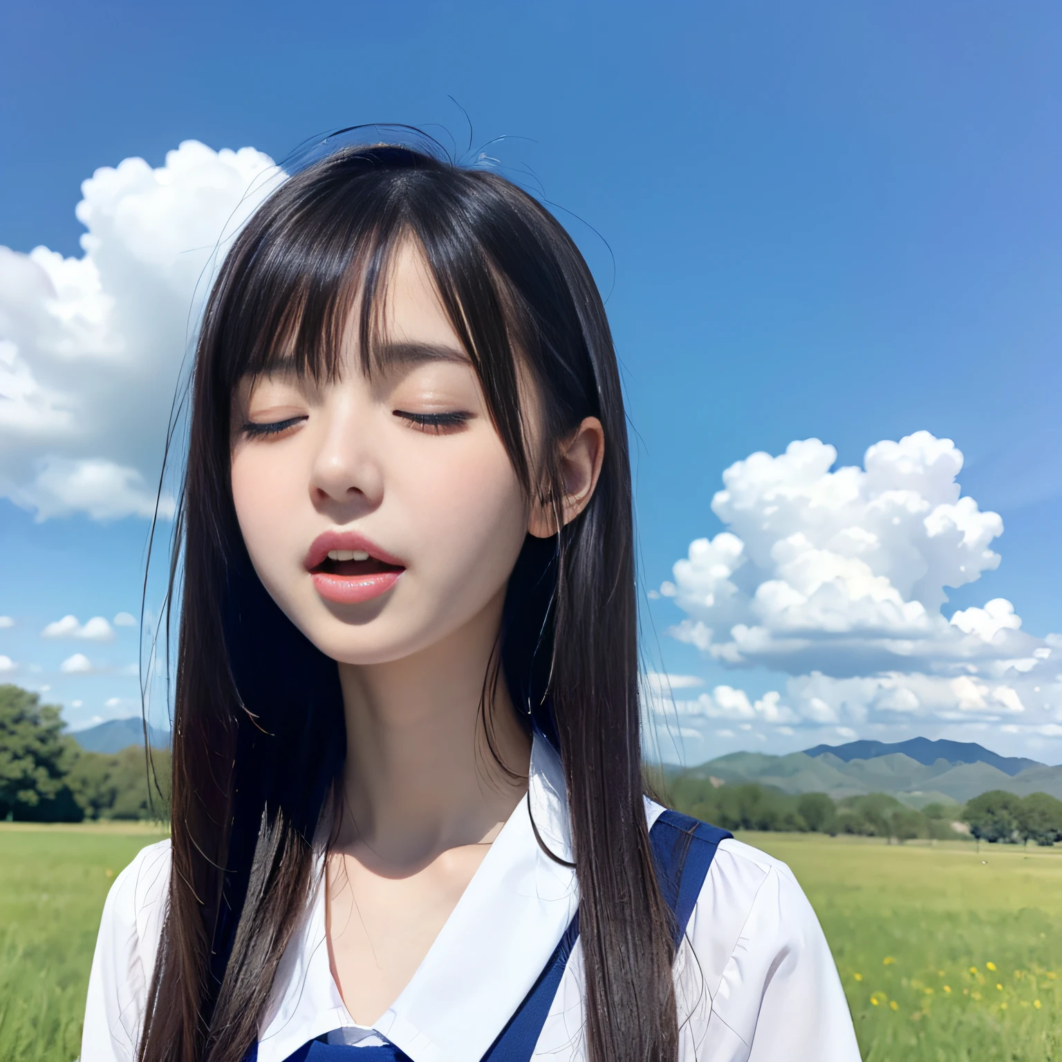 Slender schoolgirl、Be sure to close your eyes、Open your mouth wide、Close-up composition of the face、Blue Sky Background