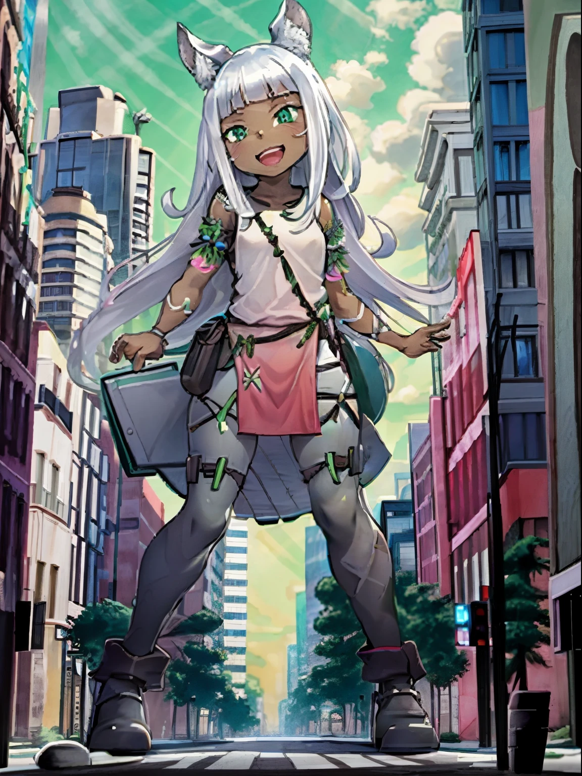 Ochette, 1girl, dark skin, white hair, city, green eyes, giantess, tall, cute, full body picture, buildings, gao, larger than buildings, best quality, pink clothing, skyscrapers, flat ground, street, intersection, small pedestrians, standing, ground visible, loose long black pants, adorable, kind, gentle, empty hands, small build, slim, smiling, detailed mouth, size difference