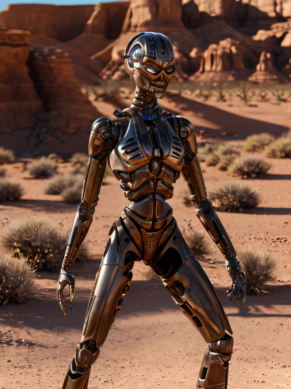 realistic, TX in a desert, daytime, clear lighting, (TX Endoskeleton:1.1), detailed TX endoskeleton, ultrarealistic TX endo, (deep focus), (sharp details), (detailed environment:1.0), best quality, ultra HD 8K