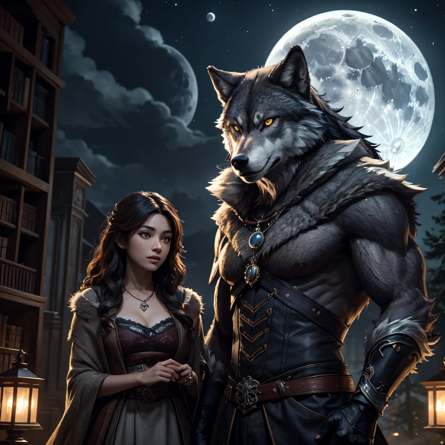 A handsome werewolf with a library girl under the moonlight with thwo grey wolf behind