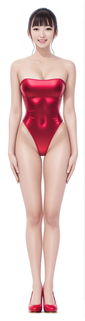 on the white background,a tall and beautiful chinese girl,with fair skin,Toothy smile,Hefty Smile,When you laugh, Your eyes are crescent-shaped,bluntbangs, hair straight,Wear a one-piece swimsuit and pumps,Swimsuits are decorated with joyful patterns, standing straight,stand firm,hands on sides,Symmetrical distribution,Ray traching,All shaded areas, led floodlights, forward light, 1.4x True-to-life Ultra HD