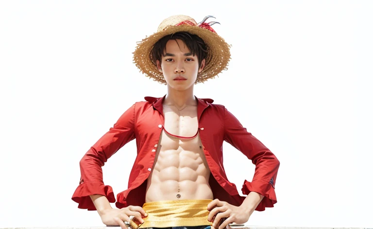 tmasterpiece, Best Picture Quality, Extremely vivid, Boy in straw hat, Fit and fit, Red top, Straw Hat Hat, Dynamic posture, golden section, Large aperture portrait,