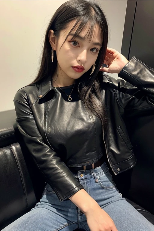 ((Best Quality)), ((masutepiece)), (Detailed), perfect face black leather jacket、Tight jeans、black leather long boots、Output as thick piercing jpeg
