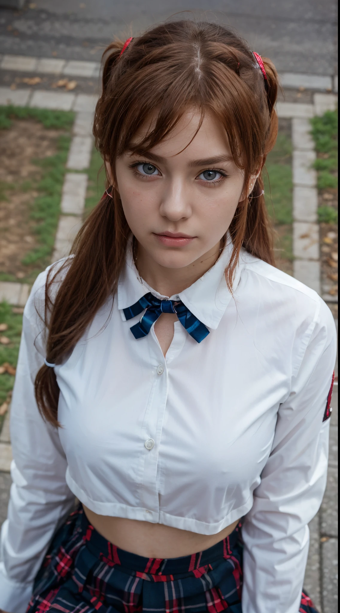 (best quality), high resolution,Asuka Langley Soryu, Beautiful Pretty Mixed German Babe, (Beautiful face), sexy lips, Auburn Twin Tails Ribbon Red Long Hair, (from above:1.5),(close up:1.5), self photography, long white shirt, blue jacket, red plaid skirt, intense gaze, dark blue detailed beautiful eyes, (dynamic pose), combine realism and anime influence, fashion pose, paris street