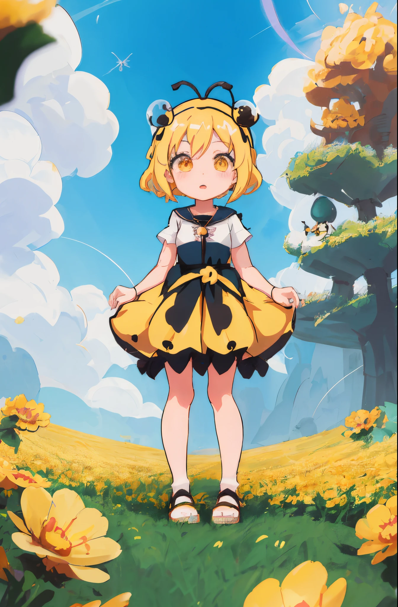 Anime girl in dress standing in flower field, splash ink art anime loli, change, stylized anime, Insect trainer girl, loli in dress, Anime cute art style, Anime Stylization, Mirror sound bell, small curvaceous loli, Kushatkrenz Key Art Women, lovely art style, offcial art