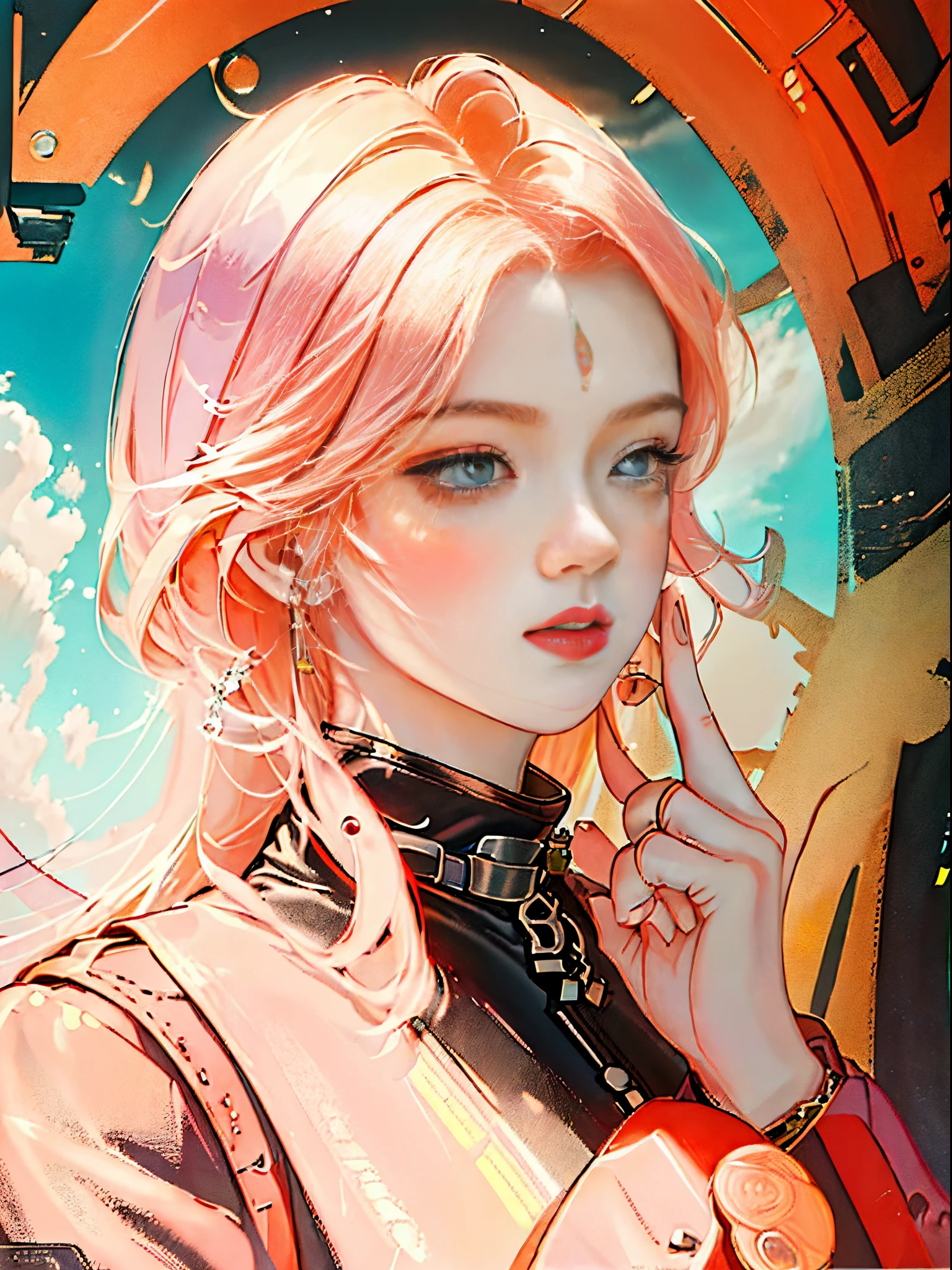 Vibrant colors、((​masterpiece)))、(((top-quality)))、((ultra-detailliert))、(A hyper-realistic)、(highly detailed CGillustration）、Official art、CD cover、 art district、It will be、Mid summer、Stylish、glorious 1980s、Cool Beauty、Cochetti Gojo Beautiful woman without a watch、multicolored hair、Rock 'n' Roller、leather jackets、tight female solo、Perfect Angle、perfect-composition