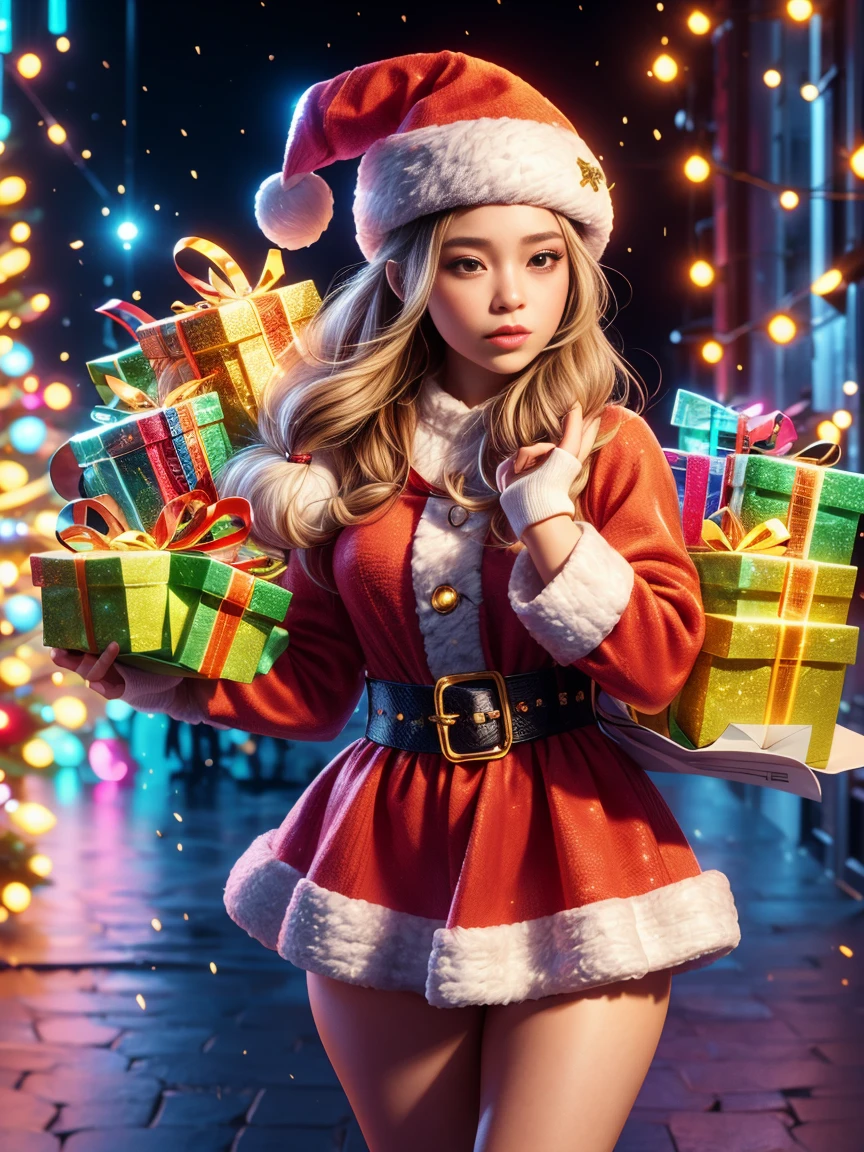 Christmas, a cute and beautiful girl wearing a glowing traditional Santa Claus costume, carrying a transparent glowing backpack, holding a beautiful Christmas wreath in both hands, standing in a bright and warm Christmas decorated room, looking at the audience, First person perspective, photo album, seven clones