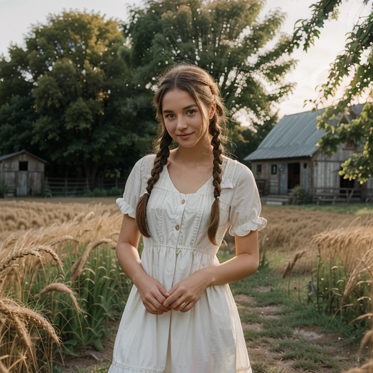 1girl, 20 years old, tall and attractive, wearing a cute country dress, hair braided, standing in a rustic farm setting. She has a soft, gentle smile and expressive eyes. In the background are charming barns, golden wheat fields and clear blue skies. The composition should be bathed in warm golden hour light, with soft depth of field and soft bokeh to accentuate the idyllic tranquility. Capture images as if they were shot on vintage 35mm film for added oomph, filmg,