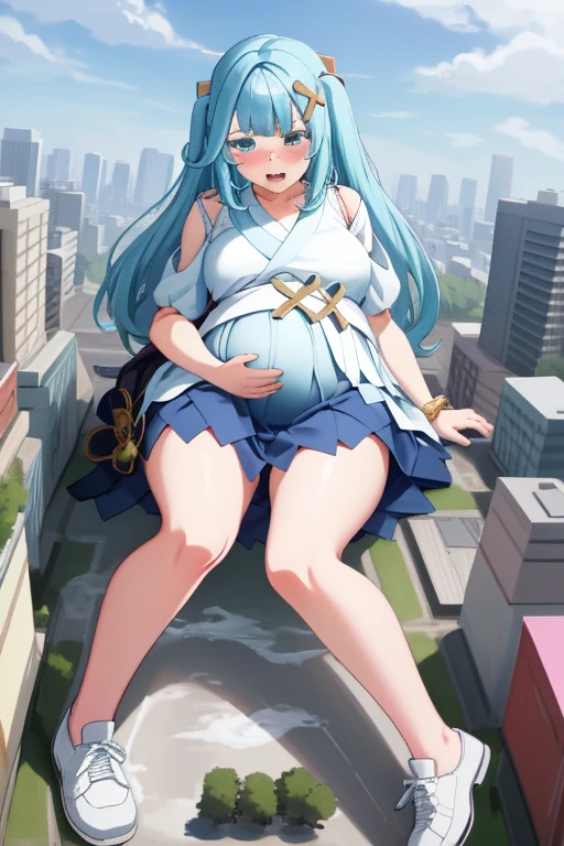Giant maiden,Moe two-dimensional style,Pregnancy status,Round belly,Gaze at the bustling city, Lying down, Burp, Burping, Loud burp, Really loud burp, Growling belly, Yukata, Embarrassed, Full body