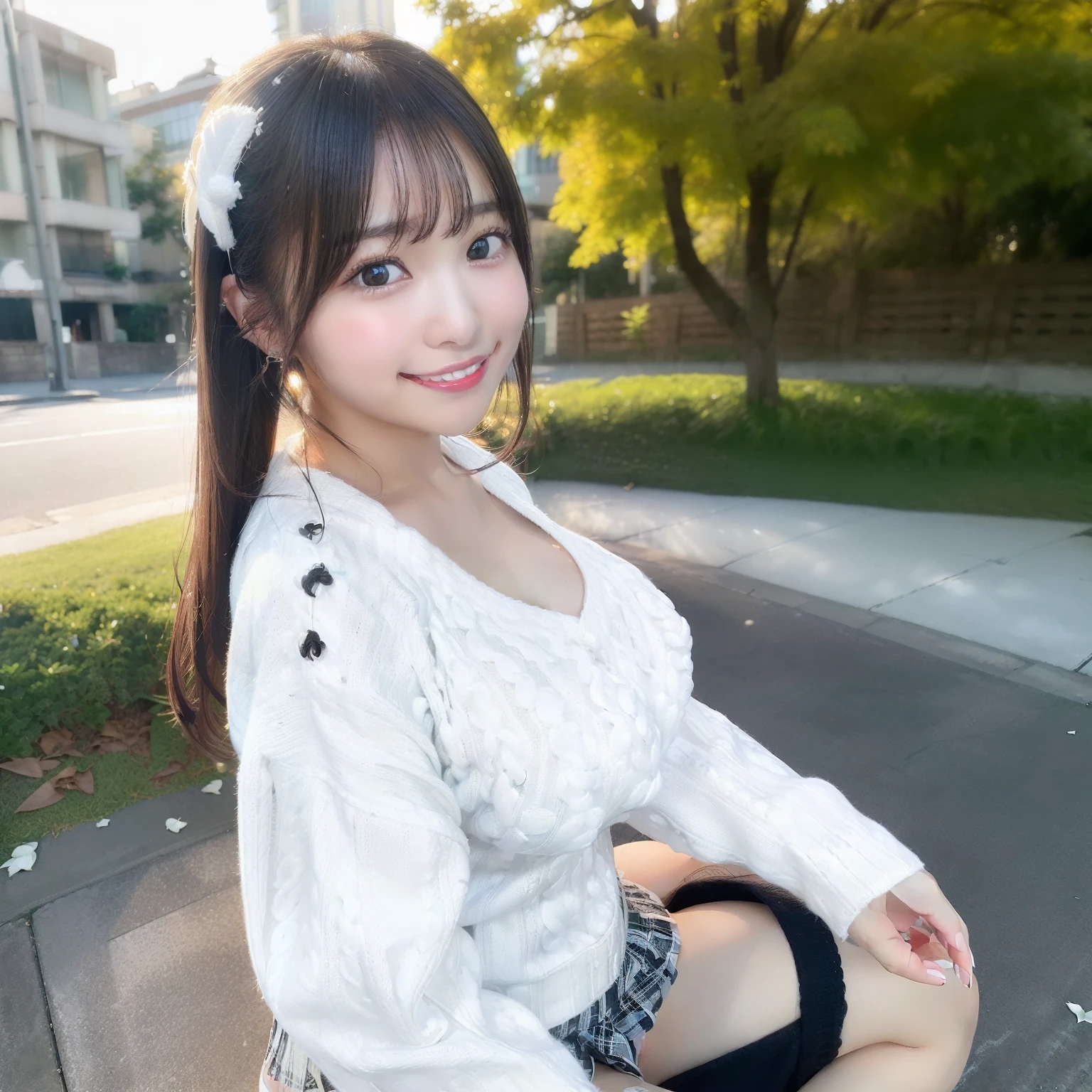 masutepiece, Best Quality, Ultra-detailed, finely detail, hight resolution, in 8K, ((Photorealsitic:1.4, Raw photography, 超A high resolution,Top image quality: 1.4)), Wallpaper, ((Perfect whole body configuration1.5)), Beautiful detailed eyes, Natural Color Lip, ((a serene smile:1.5)), ((Random and cute hairstyles)), ((rather large breasts、breasts open、No Underwear:1.2)), ((from the front side:1.5)), ((breastsout、under look eye rest out、Mole on the arm:0.9)), ((Random blurry background)),((the setting sun)),((Colored leaves)), ((Random and cute facial expressions)),, very detailed and professional lighting、 Perfect dynamic composition, Beautiful and detailed eye endings:1.5)), ((White sweater:1.6)),((Black and white checked miniskirt:1,5)),((Smile,Harajuku)),((Sexy shot looking at camera))⦅Black boots⦆(sitting on)