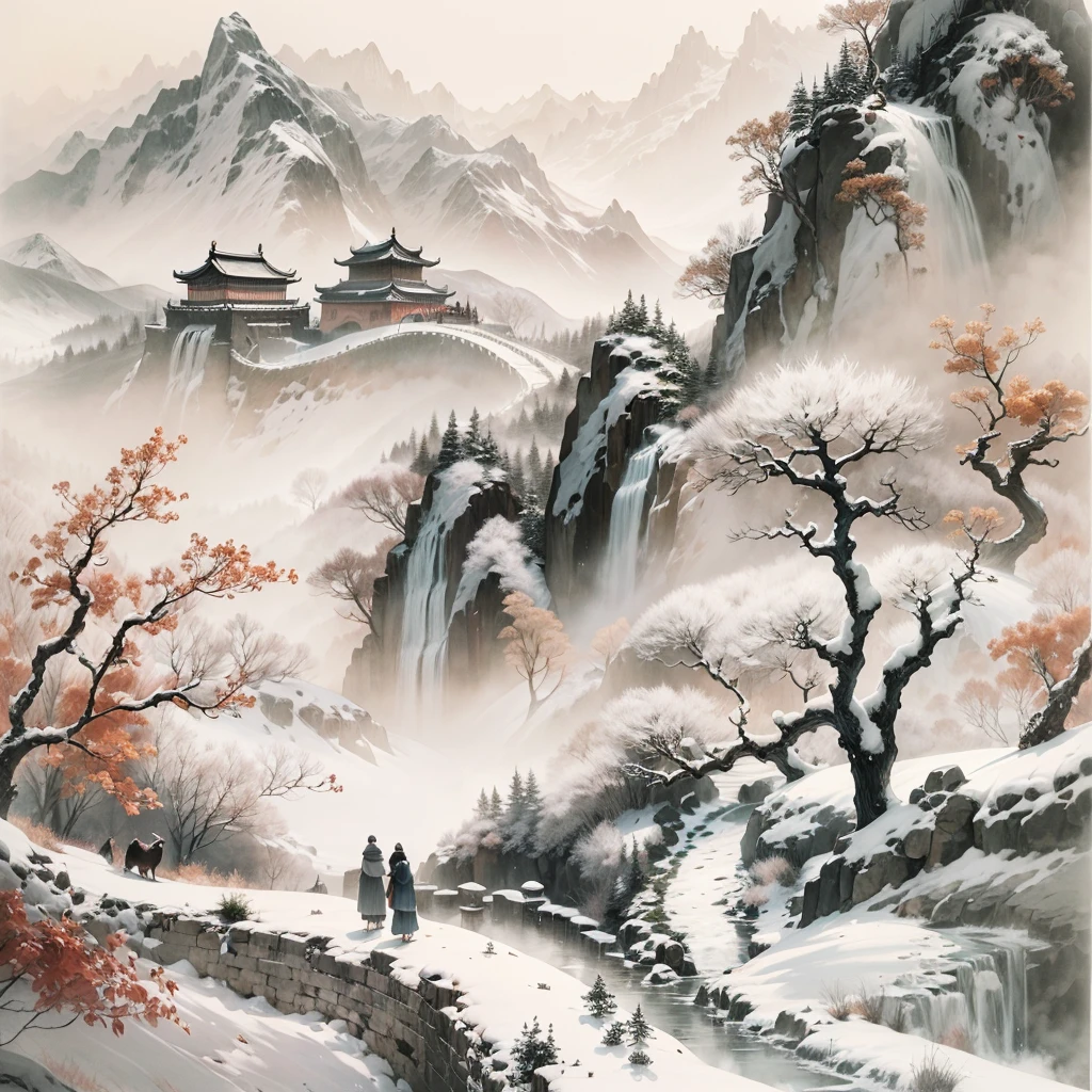 Tradition Chinese Ink Painting,Winter wonderland,The winding Great Wall,Subtle shades of gray and black,Impressive pagodas along the Great Wall,Majestic mountain ranges,snow covered trees,A faint mist envelopes the scene,a peaceful and serene atmosphere,hints of red and gold,nature elements,subtle brushwork,EtherealBeauty,Black and white contrast,Harmonious composition,exquisitedetails,Beautiful movements,Sublime tranquility,artistic response,sublime beauty,Endless depth,exquisite artistic craftsmanship,Ancient aesthetics,Spiritual resonance,Traditional ink painting,Signed red seal,subtle flicker,Quiet and ,Timeless elegance,mystical,Icy breath,quiet contemplation,Fascinating visual poetry,cold winter air,Enchanting natural beauty,unfathomed,a hint of mystery,life strokes,Harmony in simplicity,Magnificent scene,The wisdom of the ancients,transcendental experience.