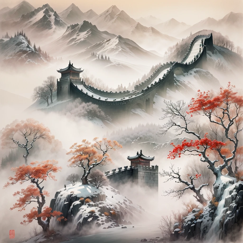 Tradition Chinese Ink Painting,Winter wonderland,The winding Great Wall,Subtle shades of gray and black,Impressive pagodas along the Great Wall,Majestic mountain ranges,snow covered trees,A faint mist envelopes the scene,a peaceful and serene atmosphere,hints of red and gold,nature elements,subtle brushwork,EtherealBeauty,Black and white contrast,Harmonious composition,exquisitedetails,Beautiful movements,Sublime tranquility,artistic response,sublime beauty,Endless depth,exquisite artistic craftsmanship,Ancient aesthetics,Spiritual resonance,Traditional ink painting,Signed red seal,subtle flicker,Quiet and ,Timeless elegance,mystical,Icy breath,quiet contemplation,Fascinating visual poetry,cold winter air,Enchanting natural beauty,unfathomed,a hint of mystery,life strokes,Harmony in simplicity,Magnificent scene,The wisdom of the ancients,transcendental experience.