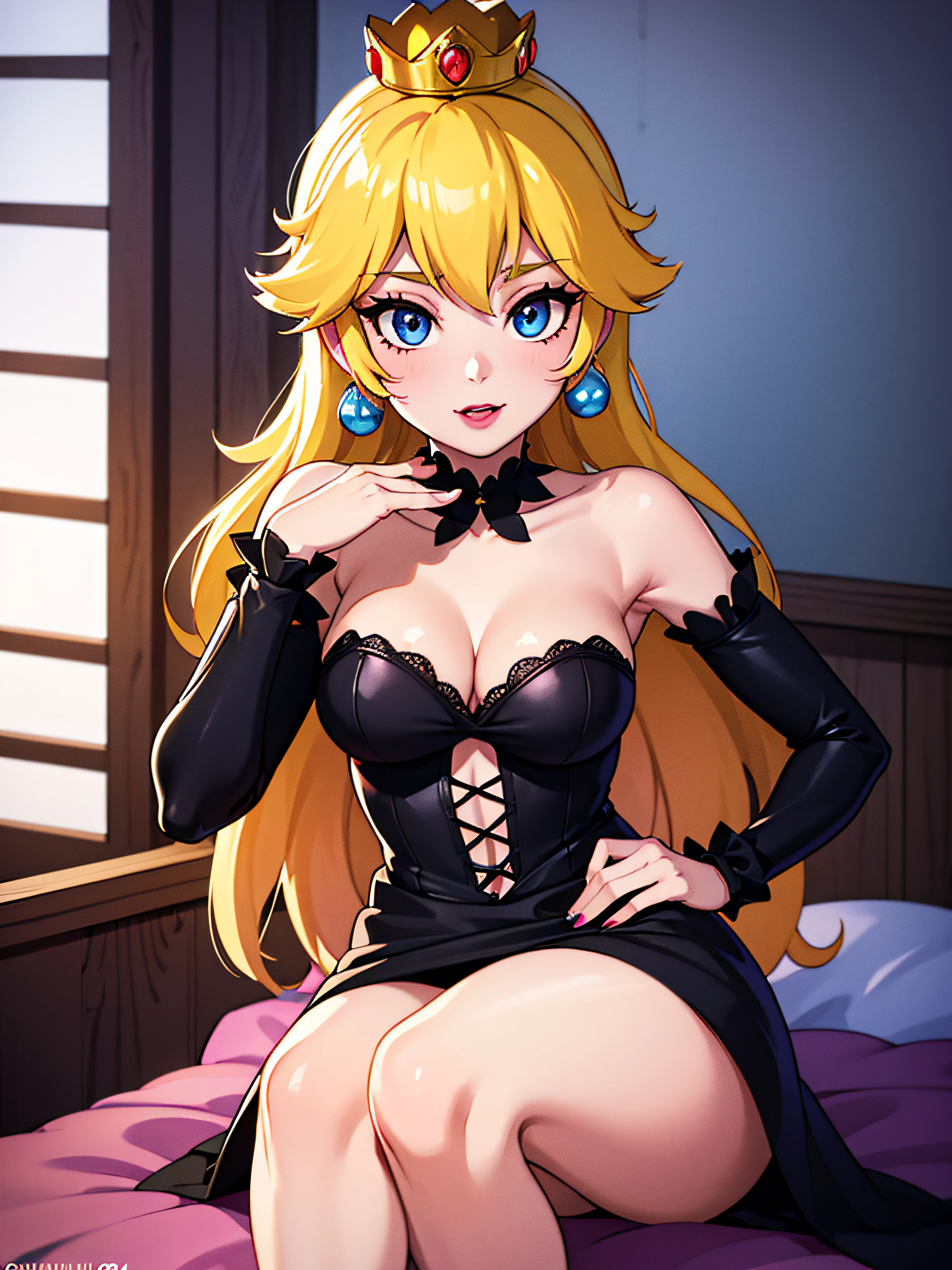 ((high detailed, best quality, 4k, masterpiece, hd:1.3)), Indoors, Princess Peach, blue eyes, original, seductive, attractive, fanart, sexy smile, smiling, smooth anime cg art, 34C breasts, long legs, vivid colors, detailed digital art, slim body, perfect skin, long hair, blonde hair, yellow hair, BREAK crown, Princess Peach crown, cleavage, 34C cleavage, looking at viewer, BREAK looking at viewer, extremely detailed face, sexy pose, tiny pink lingerie, pink lingerie, Victorias secret pink lingerie, gem, dark black painted lips, dark gothic eyeshadows, dark eyeshadows, black eyeshadows, black sexy lips, black lips, black painted lips, (dark:1.2), dark lips, very dark lips, perfect hands, perfect anatomy, Anatomically correct, black makeup, black medium lips, black thick lips, detailed fingers, five fingers per hand, 5 fingers. (1 girl)