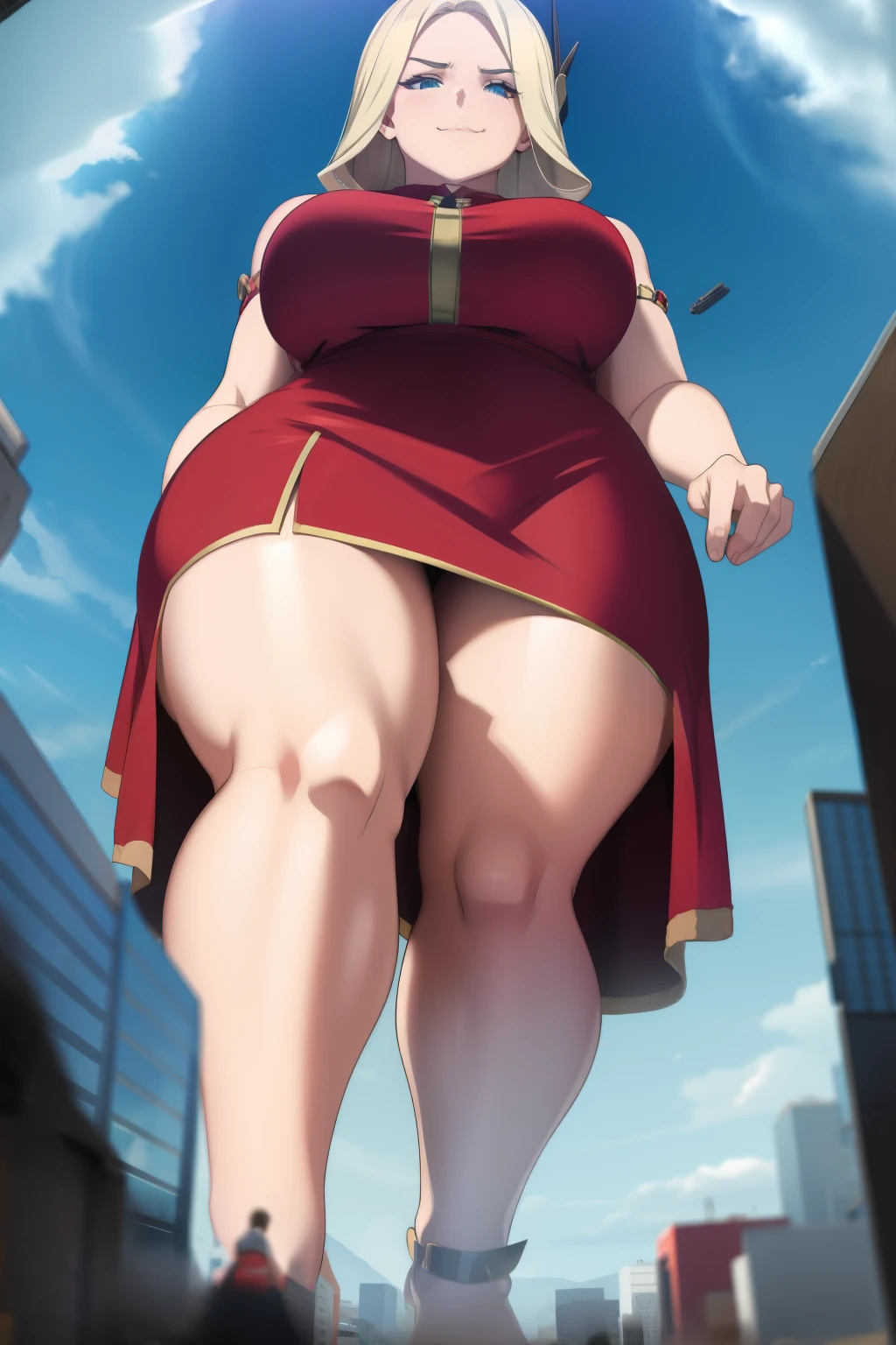 GTS, giantess, curvy, busty, smirk, evil, thick thighs, walking, stepping