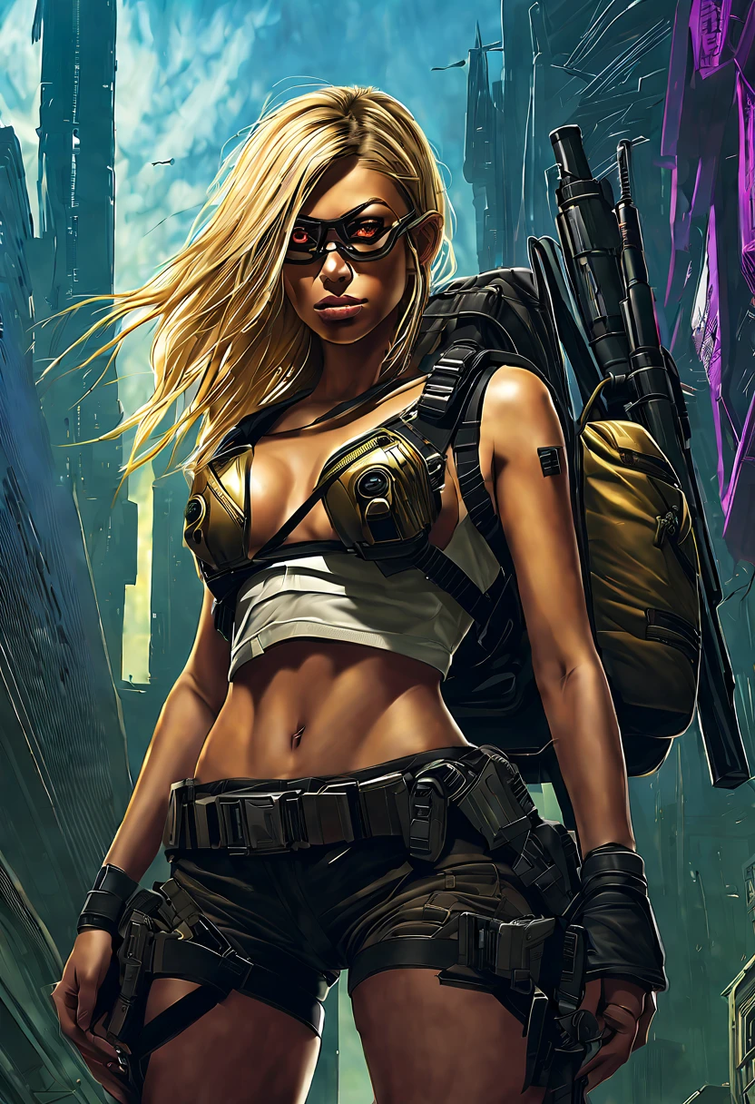 A ruined apocalyptic sci-fi city overgrown with alien plant life and strange alien monsters and animals, a busty beautiful young woman with tan skin and large bright hazel eyes with long lashes and cleopatra eyeliner, with a golden blonde hair, wearing a miniskirt and cut off tank top revealing the bottom of her breasts, round eye glasses, thigh high leather boots with stockings and a garter belt flashing a pair of silk panties, cyberpunk rifle slung over her shoulder, sci-fi backpack held on by straps across her chest, glaring at a monster in the far distance, side ponytail, Hyperrealism, masterpiece, best quality, 16k, anatomically correct, super detail, award winning
