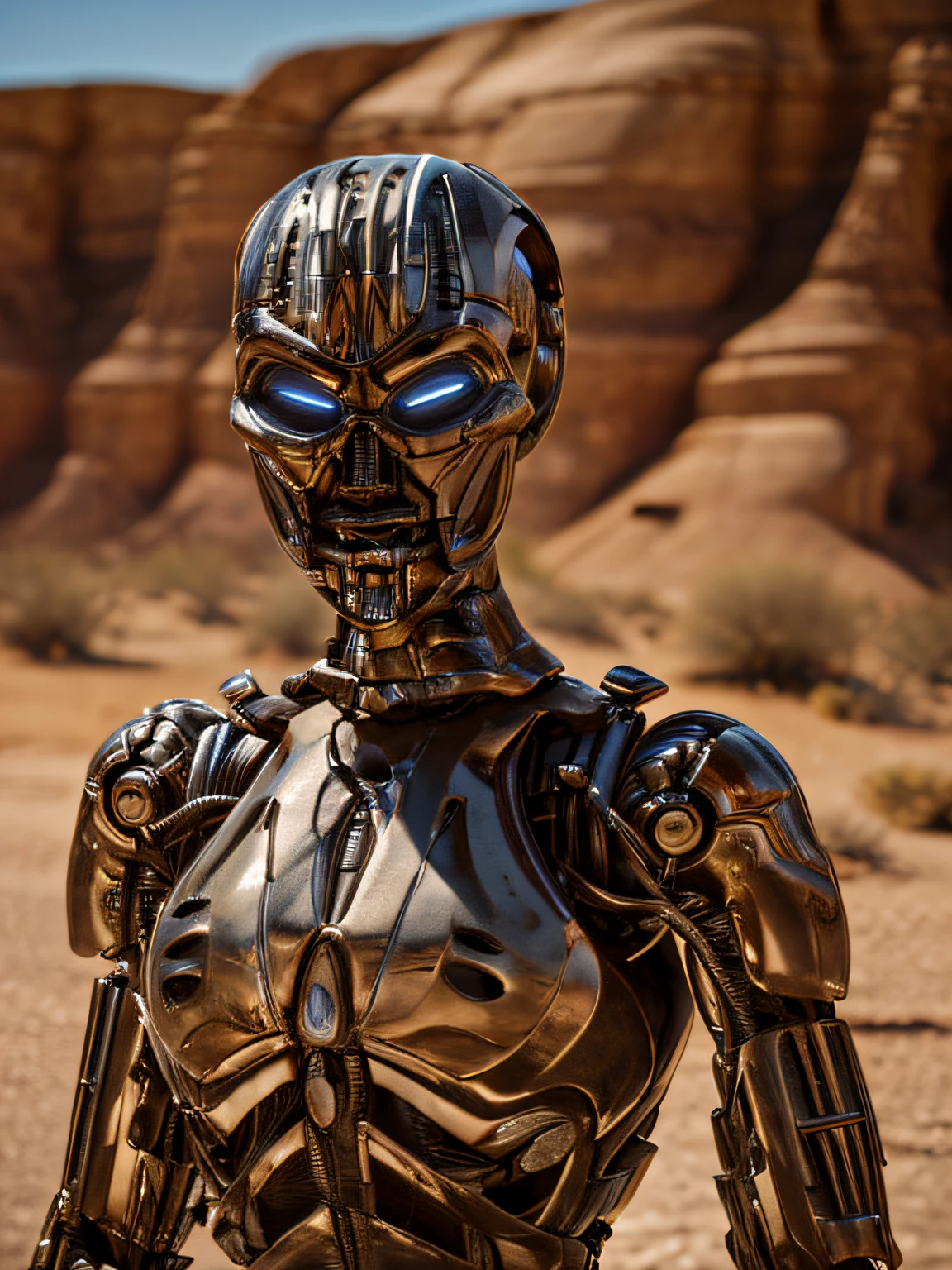 realistic, TX in california desert, noon, clear lighting, sunlight, (TX Endoskeleton:1.5), detailed TX endoskeleton, ultrarealistic TX endo, (deep focus), (sharp details), (detailed environment:1.0), best quality, ultra HD 8K