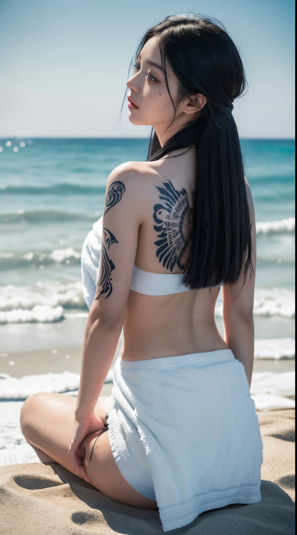 8K,masterpiece,artworks,( photography, Award-Awarded) ((((1 Girl 21 years old,blue long hair,perfect eyes long eyelashes)))), ((((Create a character sitting on the beach,taken from behind, placed in the center of the frame,put towel on chest:1.5)))),Has slender legs,Prominently located at the bottom center of the composition. personal length, ((( A big one, Intricate black tattoo covers a girl's entire back))), This detailed tattoo creates a striking visual element against a tranquil background. The scene set outdoors, bathed in silence, Soft lighting,Create a portrait of tranquility and personal expression in harmony with the natural environment. a perfect face, lewd eyes, movie background, dramatic lights, hight contrast, Intense shadow puppet show, dark palette,