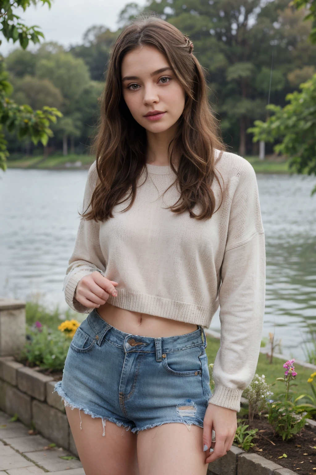 2 beautiful girl
One has shaggy hair another has twin tail hair.
One wearing light pink knitwear with jeans shorts another wearing light blue knitwear with jeans skirt.
Mysterious beautiful face
They standing on a beautiful garden near beautiful lake
Rainy day
Full of flower.
Realistic
Detailed eyes, detailed face, extremlye detailed finger.
