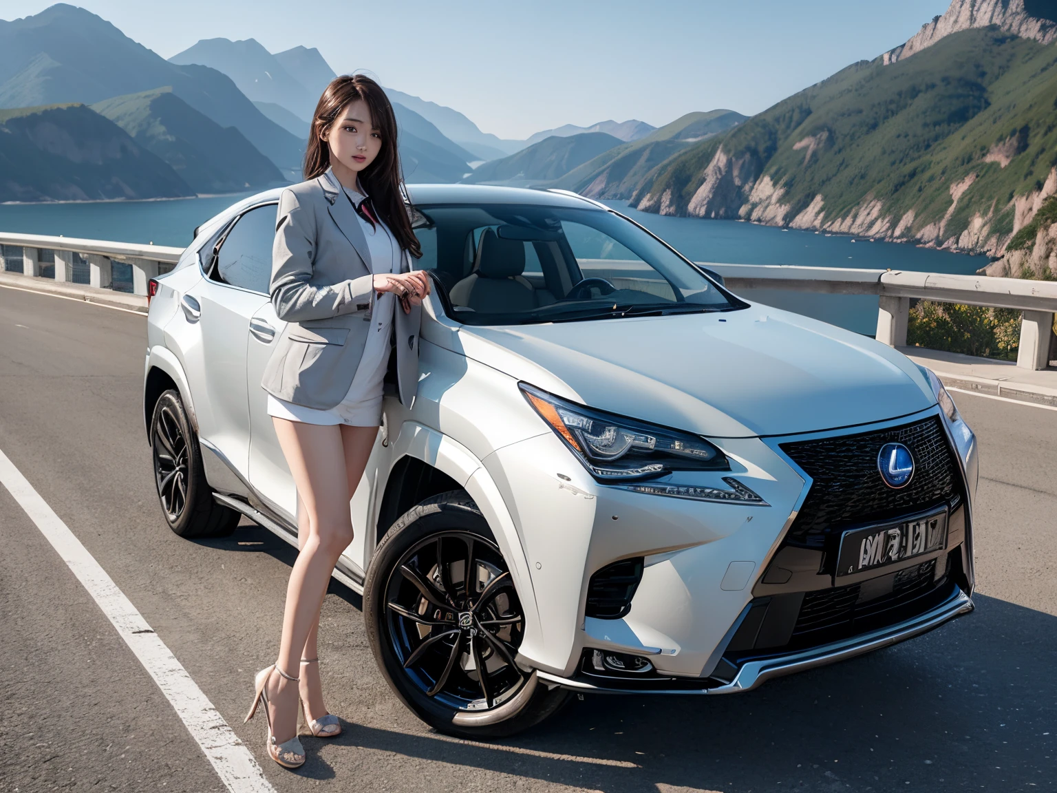 1womanl、Slender woman、sports jacket、Competition between beautiful women and sports cars、超A high resolution、An ultra-high picture quality、8K、Wonderful expression with attention to detail、early summer coastline、A white SUV stopped on a mountain road、Lexus NX450h