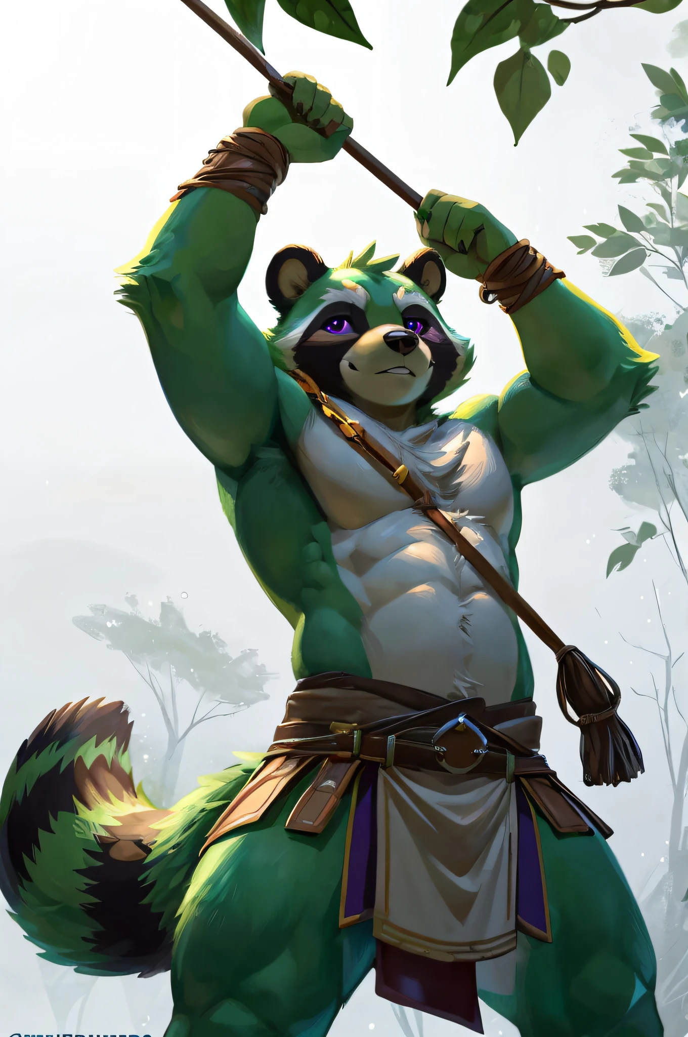 [(white background:1.5),::7] hexagon, tanuki, (green fur), (green fur tail,tanuki tail,raccoon tail), loincloth, (loincloth attached to belt,drinking gourd attached to belt, not holding anything), (standing,raised arm), detailed eyes, detailed pupils, (purple colored eyes), no jewelry, detailed, mid shot, full body, white belly, in forest, (big leaves,rain), sky, detailed moon, light particles, night, starry sky, high quality, best quality, masterpiece, (by kenket)(by Pino Daeni)(by chunie)(uploaded to e621)(by greg rutowski)(by inessa)(by ruan jia)