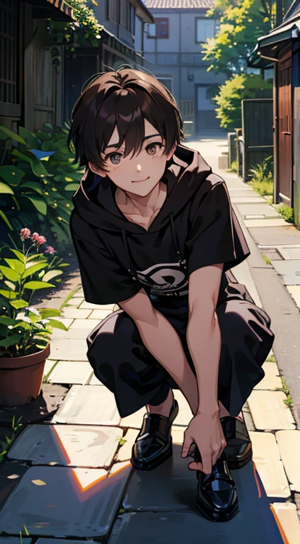 (absurderes、hight resolution、ultra-detailliert、HDR)、​masterpiece、top-quality、1boy、独奏、a handsome、dark brown  hair、finely eye and detailed face、brow、Black oversized hood、(white short pants)、espadrilles、ear piecing、crouching down、a plant、florals、Back alley background、a smile、Looking up from above