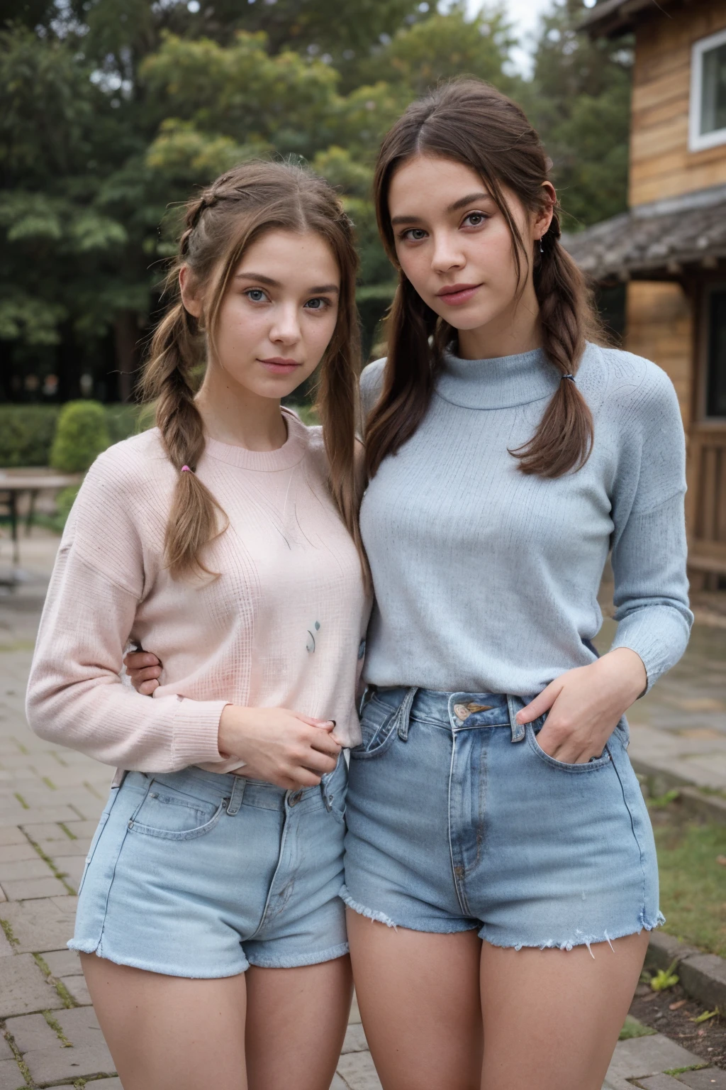 ((2 beautiful girl))
((One has shaggy hair another has twin tail hair))
((One wearing light pink knitwear with jeans shorts another wearing light blue knitwear with jeans skirt))
Mysterious beautiful face
They standing on a beautiful garden near beautiful lake
Rainy day
Full of flower.
Realistic
Detailed eyes, detailed face, extremlye detailed finger.