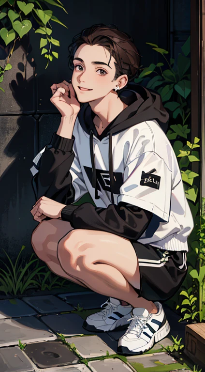 (absurdres, highres, ultra detailed, HDR), masterpiece, best quality, 1boy, solo, handsome, dark brown hair, finely eye and detailed face, forehead, mole under his eye, black oversized hood, (white shorts), sneaker, ear piecing, squatting, plant, flower, back alley background, smile, from above, look up