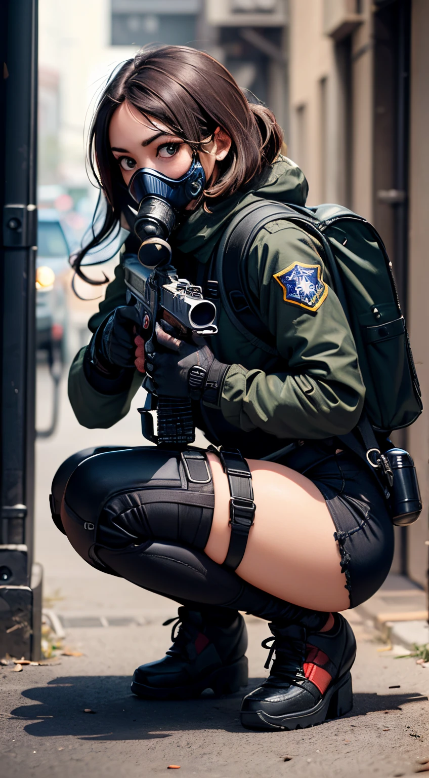 ((best quality)), (masterpiece), photorealistic, photorealism, 1girl full body, aiming with an assault rifle, another girl squatting behind, Combat pose, explosion background, Photorealistic, high resolution, (Detailed face), looking to the camera, (wearing rash-guard likes police uniform, gloves,black and gray mecha, wearing futuristic-gasmask, military harness, holding a machinegun, carrying hich-tech-backpack), background grey, Fingers are occluded