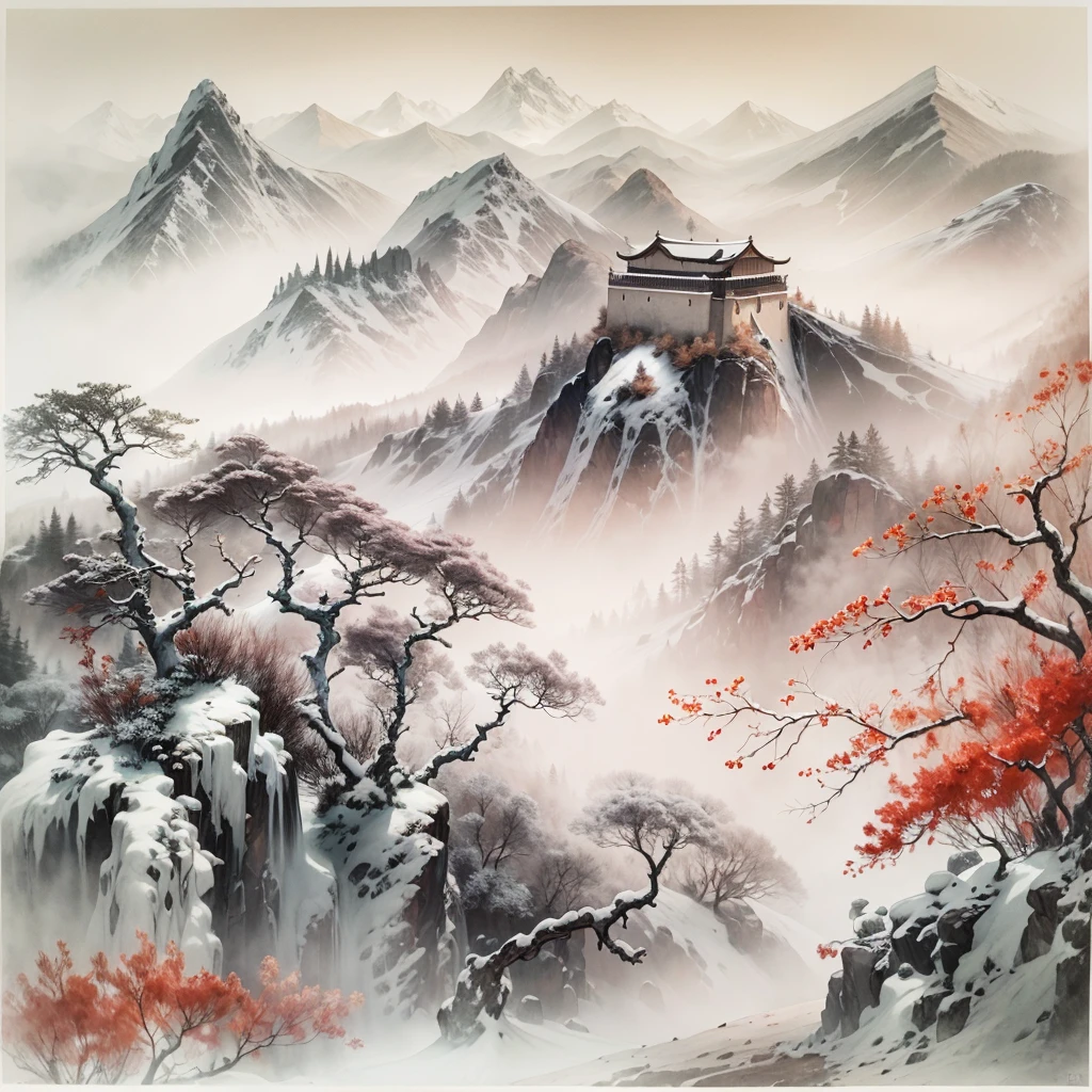 Tradition Chinese Ink Painting,Winter wonderland,The winding Great Wall,Subtle shades of gray and black,Majestic mountain ranges,snow covered trees,A faint mist envelopes the scene,a peaceful and serene atmosphere,hints of red and gold,nature elements,subtle brushwork,EtherealBeauty,Black and white contrast,Harmonious composition,exquisitedetails,Beautiful movements,Sublime tranquility,artistic response,sublime beauty,Endless depth,exquisite artistic craftsmanship,Ancient aesthetics,Spiritual resonance,Traditional ink painting,Signed red seal,subtle flicker,Quiet and ,Timeless elegance,mystical,Icy breath,quiet contemplation,Fascinating visual poetry,cold winter air,Enchanting natural beauty,unfathomed,a hint of mystery,life strokes,Harmony in simplicity,Magnificent scene,The wisdom of the ancients,transcendental experience.