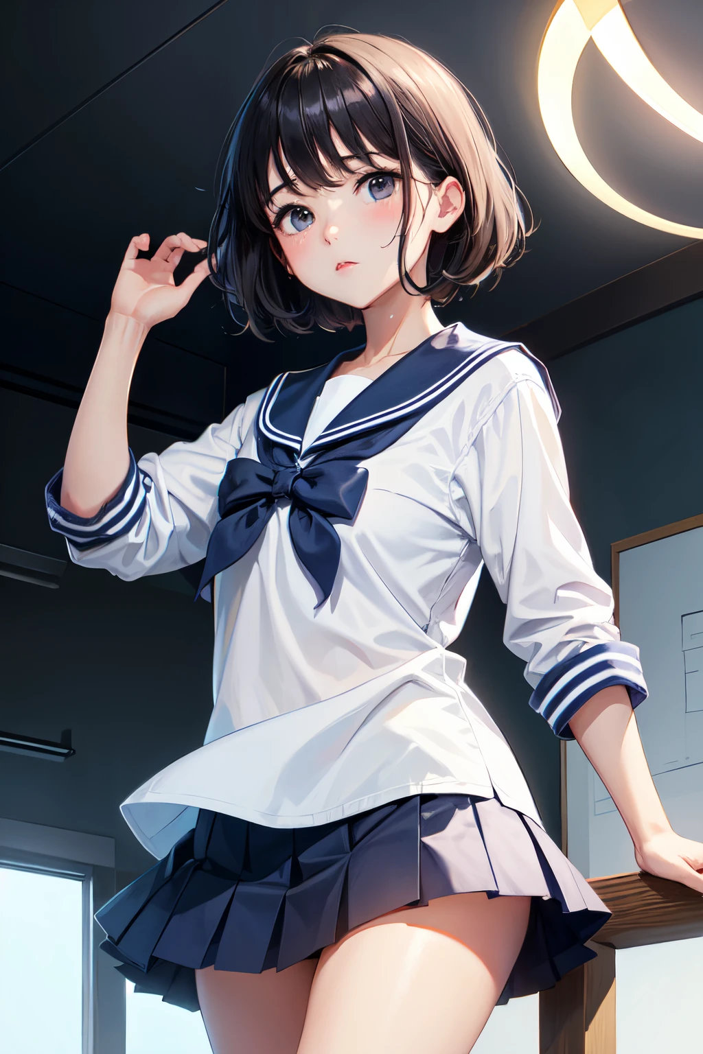 lighting like a movie、top-quality、Schoolgirl back、a sailor suit、school classrooms、turned around、full of sweat、(A dark-haired)、Changing clothes、Light blue panties、