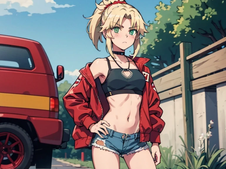 modred, (green eyes:1.5), blonde hair, ponytail, short hair, scrunchie, red scrunchie, hair scrunchie, denim, denim shorts, jacket, midriff, navel, red jacket, short shorts, shorts, tube top, red line white top, strap gap, looking at viewer, embarrassed, blushing, pouting