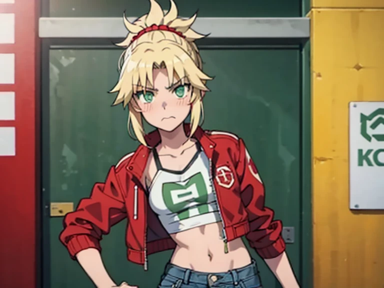 modred, (green eyes:1.5), blonde hair, ponytail, short hair, scrunchie, red scrunchie, hair scrunchie, denim, denim shorts, jacket, midriff, navel, red jacket, short shorts, shorts, tube top, red line white top, strap gap, looking at viewer, embarrassed, blushing, pouting