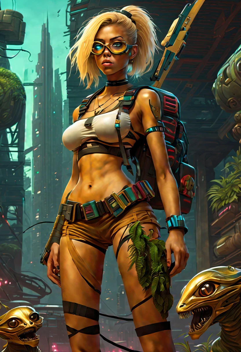 A ruined apocalyptic sci-fi city overgrown with alien plant life and strange alien monsters and animals, a busty beautiful young woman with tan skin and large bright hazel eyes with long lashes and cleopatra eyeliner, with a golden blonde hair, wearing a miniskirt and cut off tank top revealing the bottom of her breasts, round eye glasses, thigh high leather boots with stockings and a garter belt flashing a pair of silk panties, cyberpunk rifle slung over her shoulder, sci-fi backpack held on by straps across her chest, glaring at a monster in the far distance, side ponytail, Hyperrealism, masterpiece, best quality, 16k, anatomically correct, super detail, award winning